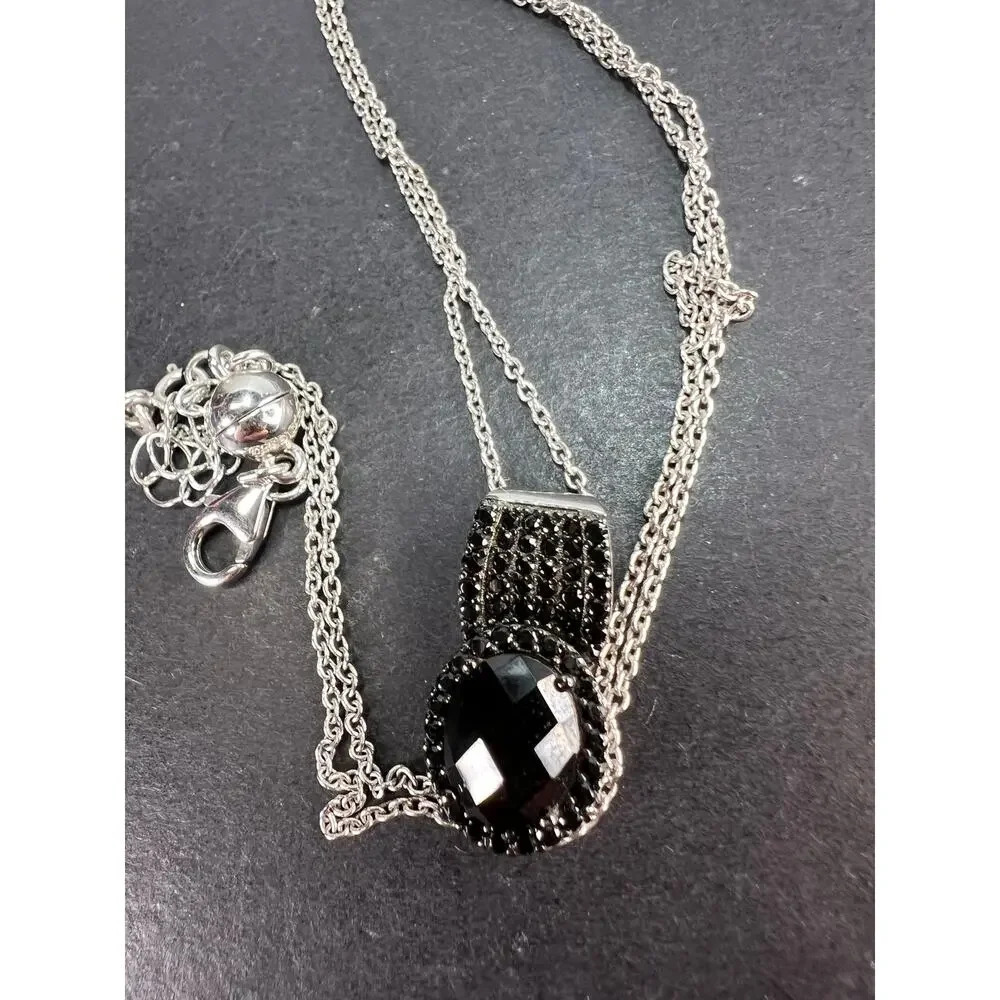 Black Spinel Pendant And Chain Necklace In Rhodium Over Sterling Silver